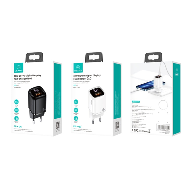 USAMS US-CC152 T46 33W USB + USB-C / TYPE-C Fast Charger Digital Display EU Plug (White)