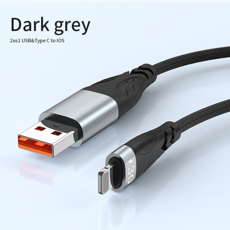 ADC-008 2 en 1 PD 30W USB + USB-C / Type-C à 8 broches Câble de données de charge Flash Longueur du câble: 1M (Gris Noir)