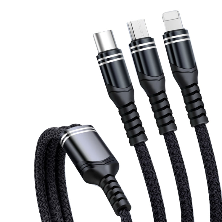 6A 66W 3 in 1 USB to 8 pin + Micro USB + USB-C / Type-C Braided Charging Data Cable (Black)