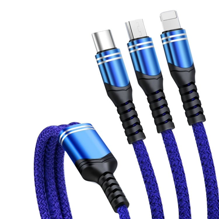 6A 66W 3 en 1 USB à 8 broches + Micro USB + USB-C / Type-C Câble de données de charge tressé (Bleu)