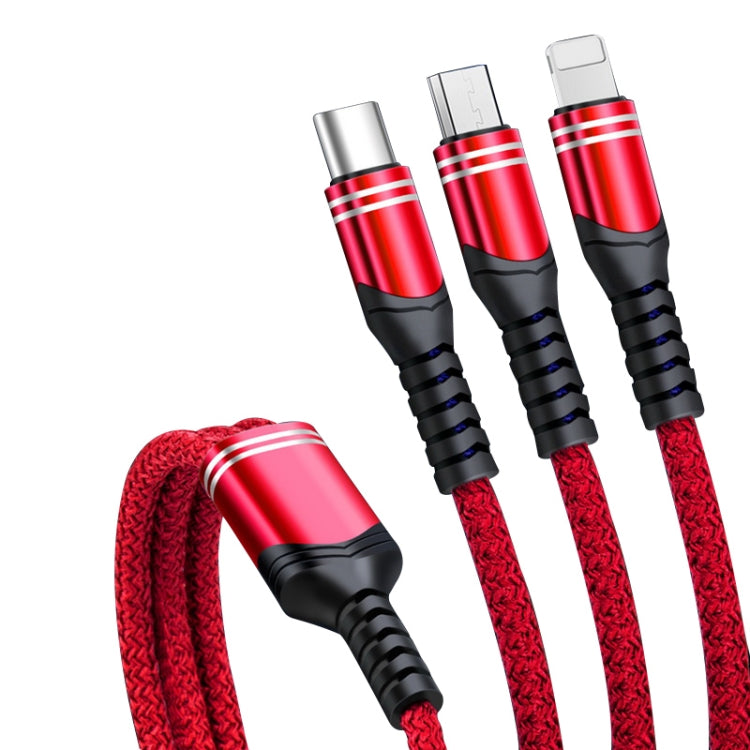 6A 66W 3 en 1 USB vers 8 broches + Micro USB + USB-C / Type-C Câble de données de charge tressé (Rouge)