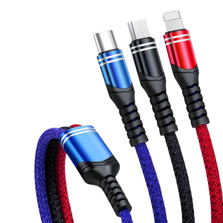 6A 66W 3 in 1 USB to 8 pin + Micro USB + USB-C / Type-C Braided Charging Data Cable (multiColor)