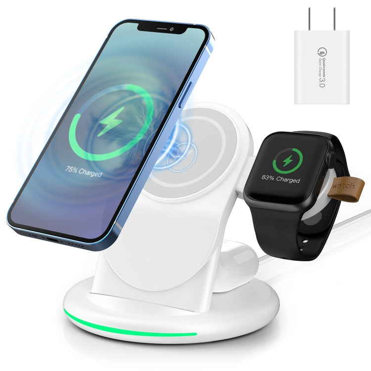 W-03 3 in 1 Magnetic Wireless Charger with 15W Adapter / USB-C Cable.US Plug (White)