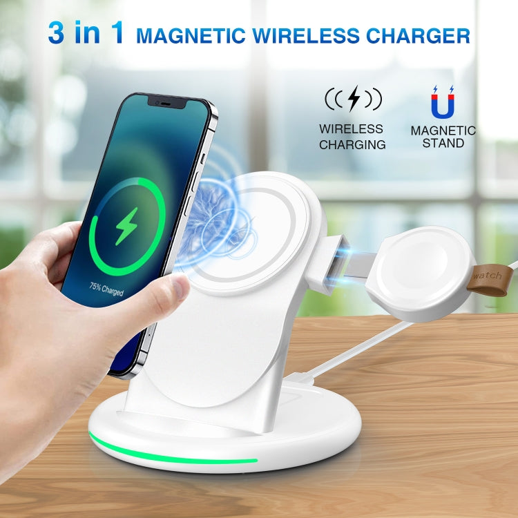 W-03 3 in 1 Magnetic Wireless Charger with 15W Adapter / USB-C Cable.US Plug (White)