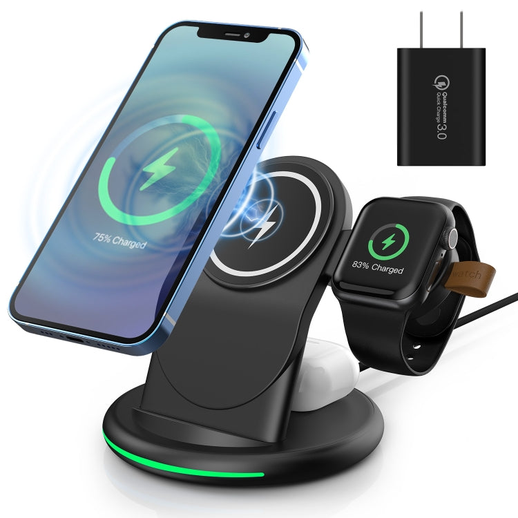 W-03 3 in 1 Magnetic Wireless Charger with 15W Adapter / USB-C Cable.US Plug (Black)