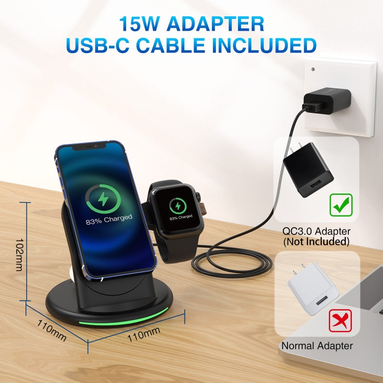 W-03 3 in 1 Magnetic Wireless Charger with 15W Adapter / USB-C Cable.US Plug (Black)