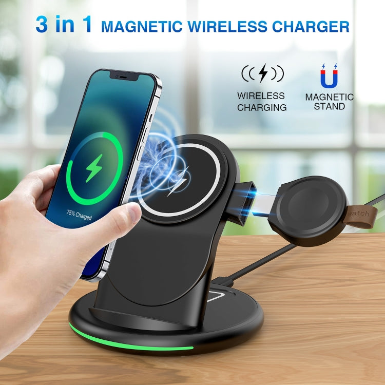 W-03 Charge sans fil magnétique 3 en 1 avec adaptateur 15 W/câble USB-C Type de prise : prise UE (noir)