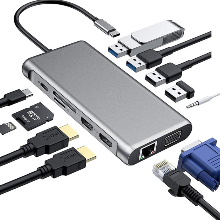 12 en 1 HDMI x2 + USB3.0 + USB2.0 + Carga PD + VGA + RJ45 + Jack de 3.5 mm + TF / SD x2 Tipo-C / USB-C HUB Estación de acoplamiento (Gris Oscuro)