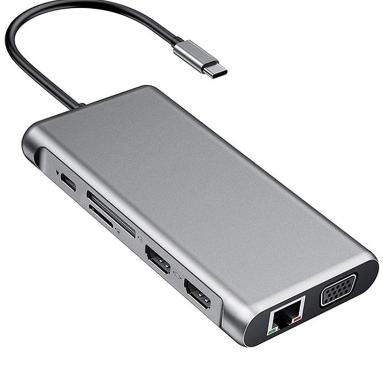 12 in 1 HDMI x2 + USB3.0 + USB2.0 + PD Charging + VGA + RJ45 + 3.5mm Jack + TF / SD x2 Type-C / USB-C HUB Docking Station (Dark Grey)