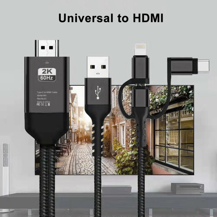 3 in 1 Micro USB + USB-C / Type-C + 8 Pin to HDMI HDTV Cable (Black)