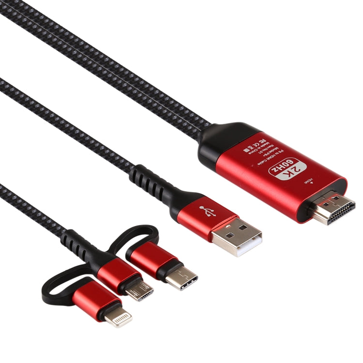 Câble Micro USB + USB-C / Type-C + 8 broches vers HDMI HDTV 3 en 1 (Rouge)