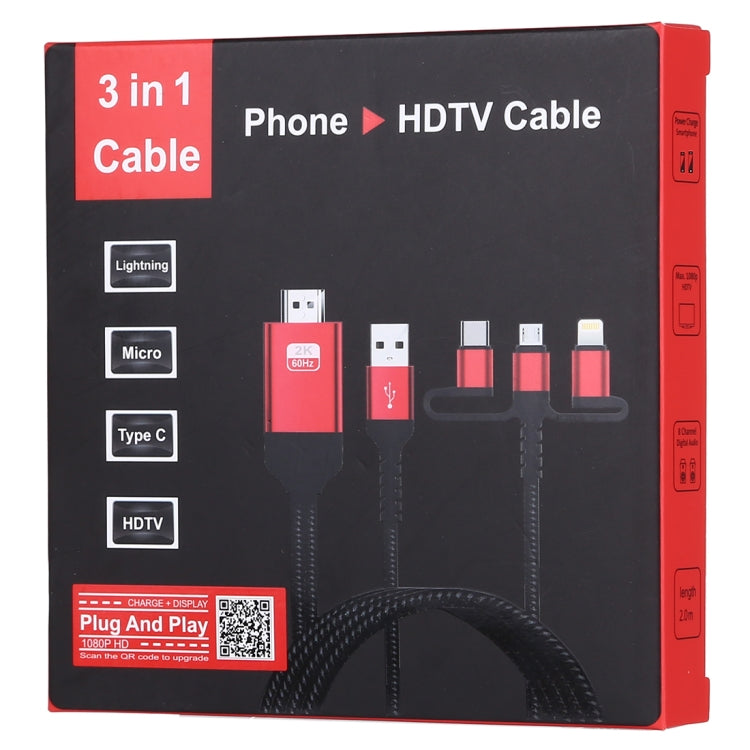 3 in 1 Micro USB + USB-C / Type-C + 8 Pin to HDMI HDTV Cable (Red)