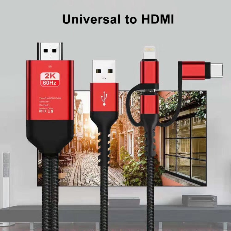 Câble Micro USB + USB-C / Type-C + 8 broches vers HDMI HDTV 3 en 1 (Rouge)