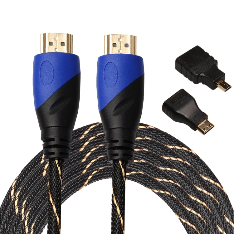 5m HDMI 1.4 Version 1080P Woven Net Line Blue Black Head HDMI Male to HDMI Male Audio Video Connector Adapter Cable with Mini HDMI and Micro HDMI Adapter Set