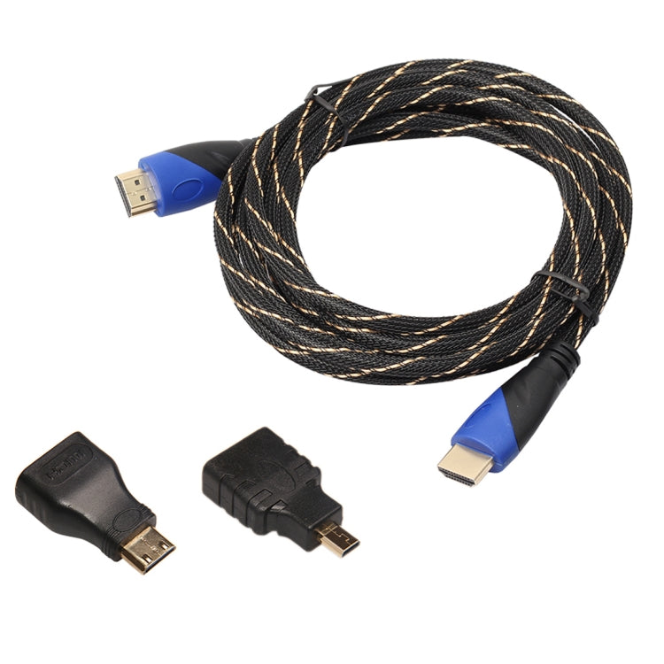 5m HDMI 1.4 Version 1080P Woven Net Line Blue Black Head HDMI Male to HDMI Male Audio Video Connector Adapter Cable with Mini HDMI and Micro HDMI Adapter Set