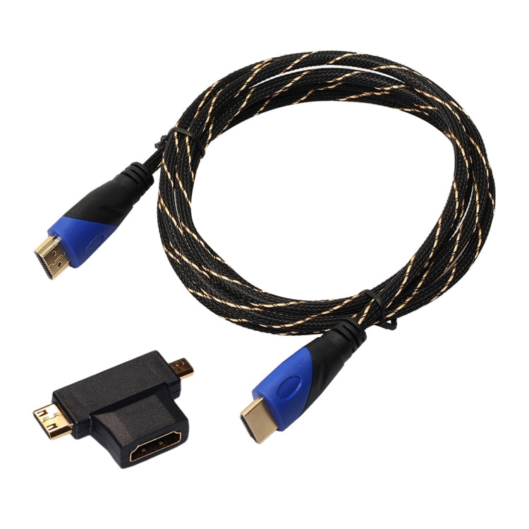 1.8m HDMI 1.4 Versión 1080P Woven Net Line Azul Black Head HDMI Macho a HDMI Macho Audio Video Conector Cable con Mini HDMI y Micro HDMI y HDMI 3 en 1 Conjunto de adaptadores