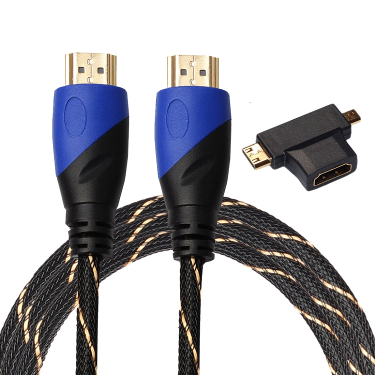 1.8m HDMI 1.4 Version 1080P Woven Net Line Blue Black Head HDMI Male to HDMI Male Audio Video Connector Cable with Mini HDMI and Micro HDMI and HDMI 3 in 1 Adapter Set