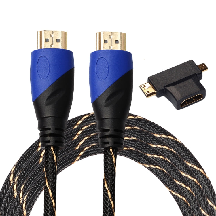 3m HDMI 1.4 Versión 1080P Tejido Net Line Azul Negro Cabeza HDMI Macho a HDMI Macho Audio Video Conector Cable con Mini HDMI y Micro HDMI y HDMI 3 en 1 Conjunto de adaptadores