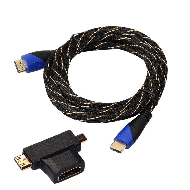 3m HDMI 1.4 Version 1080P Tissu Net Line Bleu Noir Tête HDMI Mâle vers HDMI Mâle Câble de Connecteur Audio Vidéo avec Mini HDMI et Micro HDMI et HDMI 3 en 1 Adaptateur Ensemble
