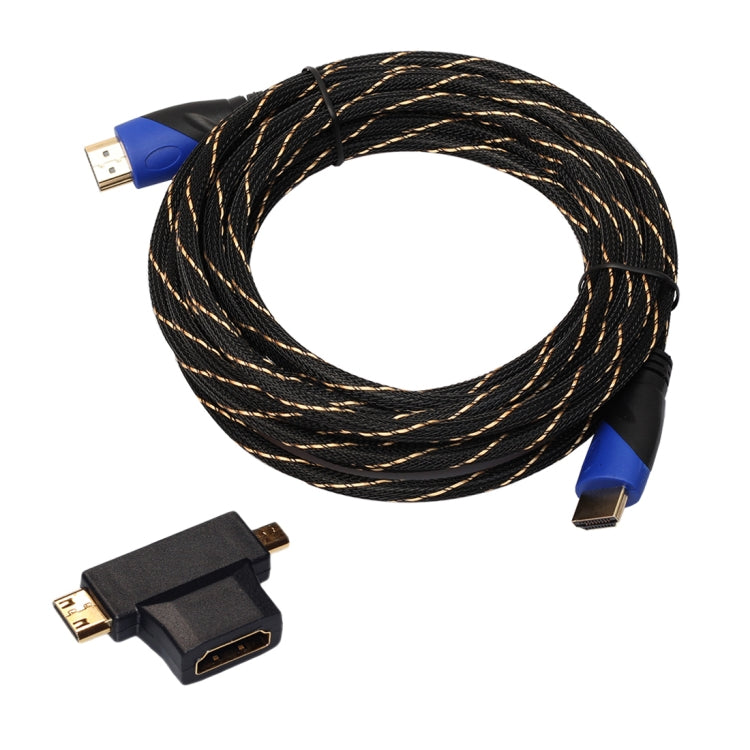 5m HDMI 1.4 Version 1080P Woven Net Line Blue Black Head HDMI Male to HDMI Male Audio Video Connector Cable with Mini HDMI and Micro HDMI and HDMI 3 in 1 Adapter Set