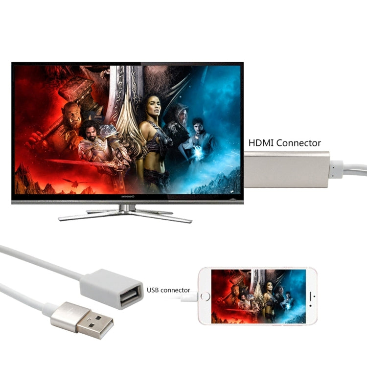 CA01-F Cable Adaptador USB 2.0 Macho + USB 2.0 Hembra a HDMI 1.4 HDTV AV para iPhone / iPad compatible con iOS 8.0-10.0 (Plateado)