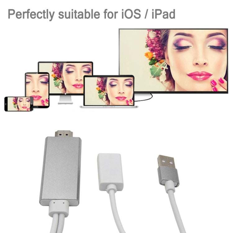 CA01-F Cable Adaptador USB 2.0 Macho + USB 2.0 Hembra a HDMI 1.4 HDTV AV para iPhone / iPad compatible con iOS 8.0-10.0 (Plateado)