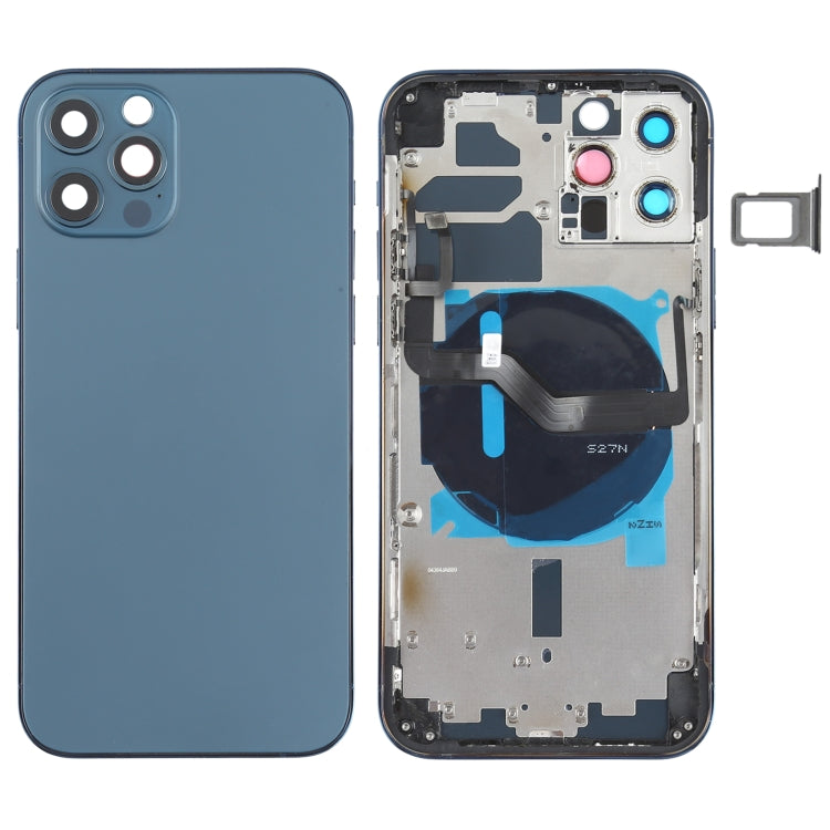 Battery Back Cover (with Side Keys and Card Tray and Power + Volume Flex Cable Wireless Charging Module) for iPhone 12 Pro (Blue)
