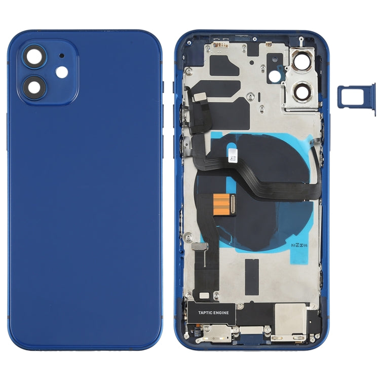 Ensemble de couvercle de batterie arrière (avec touches latérales et haut-parleur et moteur de haut-parleur et appareil photo et bouton d'alimentation + bouton de volume + port de charge et module de charge sans fil) pour iPhone 12 (bleu)