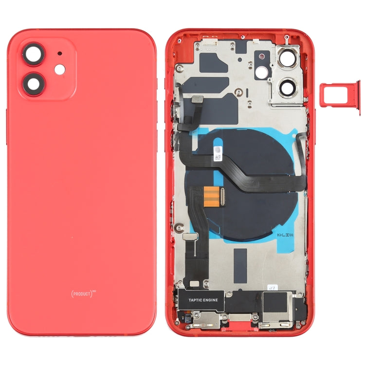 Ensemble de couvercle de batterie arrière (avec touches latérales et haut-parleur et moteur de haut-parleur et appareil photo et bouton d'alimentation + bouton de volume + port de charge et module de charge sans fil) pour iPhone 12 (rouge)