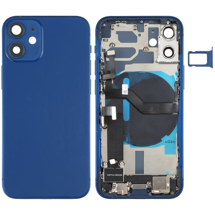 Ensemble de couvercle de batterie arrière (avec touches latérales et haut-parleurs et moteurs et objectif de caméra et plateau de carte et bouton d'alimentation + bouton de volume + port de charge ou port de charge sans fil) pour iPhone 12 Mini (bleu)