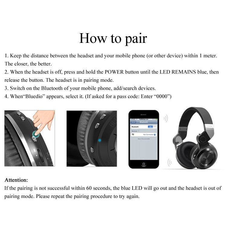 Bluedio T2 Turbina Inalámbrica Bluetooth 4.1 Stereo Auriculares Auriculares con Micrófono Para iPhone Samsung Huawei Xiaomi HTC y otros Teléfonos Inteligentes dispositivos de Audio Todos (Negro)
