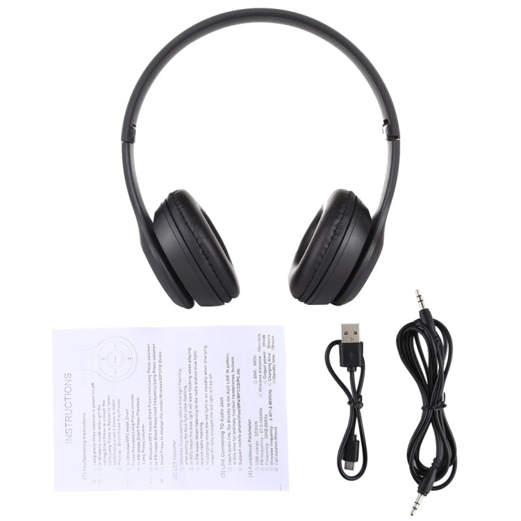 Auriculares Bluetooth Inalámbricos plegables P47 con Conector de Audio de 3.5 mm compatible con MP3 / FM / llamada (Negro)