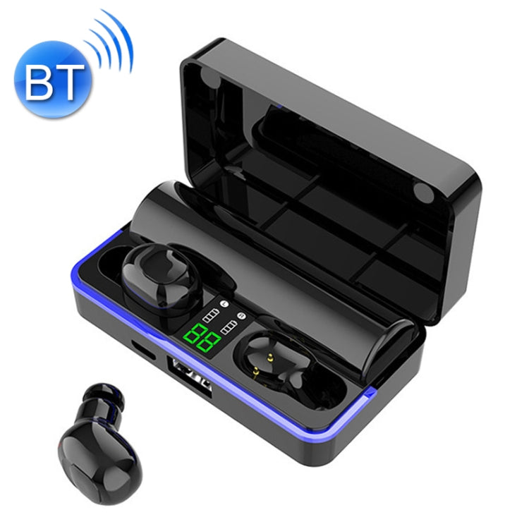 W12 IPX6 Waterproof Bluetooth 5.0 Touch Wireless Bluetooth Earphone with Charging Box Support Digital Display Power and Breathing Light Bar and HD Call Power Bank (Black)
