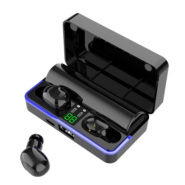 W12 IPX6 Impermeable Bluetooth 5.0 Touch Auricular Inalámbrico Bluetooth con caja de Carga Soporte de Pantalla Digital de energía y barra de luz de respiración y HD Call Power Bank (Negro)