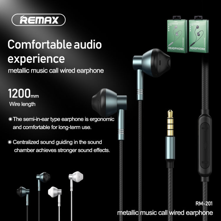 Remax RM-201 Écouteurs de musique stéréo en métal avec contrôle filaire + prise en charge du micro mains libres