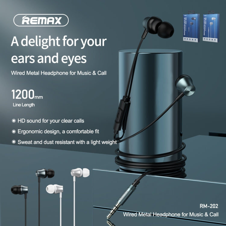 Remax RM-202 Écouteurs de musique stéréo en métal avec contrôle filaire + prise en charge du micro mains libres (ternir)