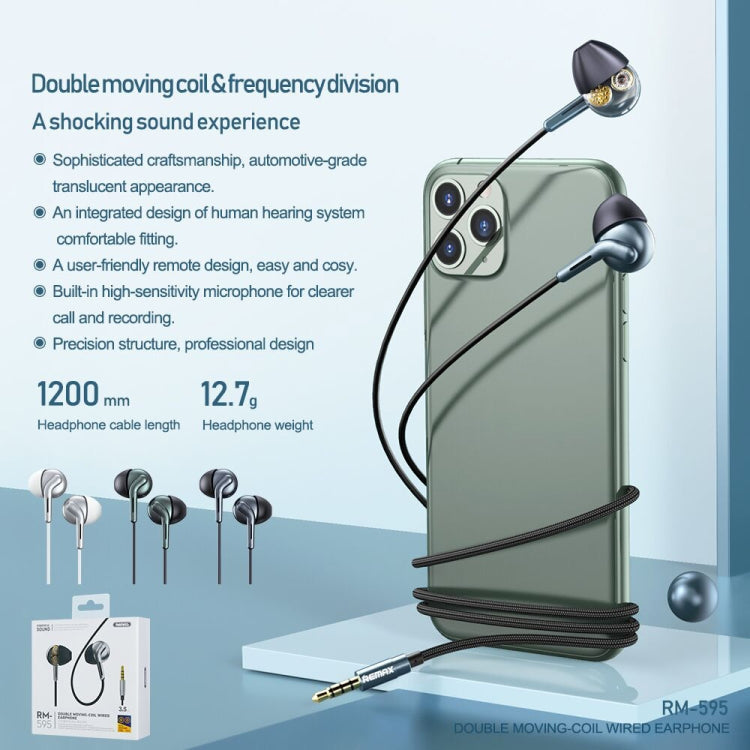 Remax RM-595 3,5 mm Gold Pin In-Ear Stéréo Double Action Métal Musique Écouteurs avec Contrôle Filaire + MIC Support Mains Libres (Bleu)