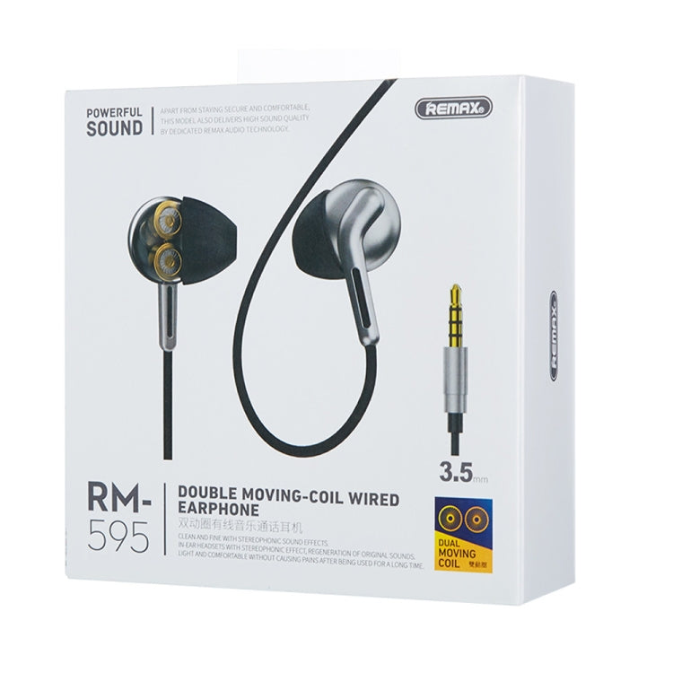 Remax RM-595 3,5 mm Gold Pin In-Ear Stereo Dual Action Metal Music Earphone with Wired Control + MIC Support Hands-Free (Blanc)