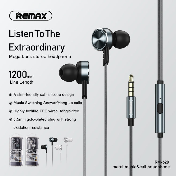 Remax RM-620 Auricular de música de metal de Doble acción Stereo con clavija dorada de 3.5 mm con Control de Cable + Micrófono soporte manos libres (Blanco)