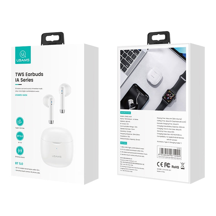 USAMS-IA04 Serie de sentido cero Bluetooth Wireless Bluetooth 5.0 Mini TWS Auricular con caja de Carga (Blanco)