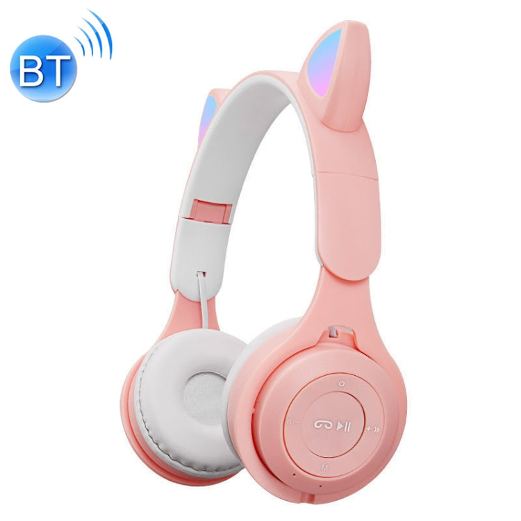 Two Colors Luminous Cat Ears Foldable Bluetooth Headphones with 3.5mm Jack TF Card Slot (Pink)