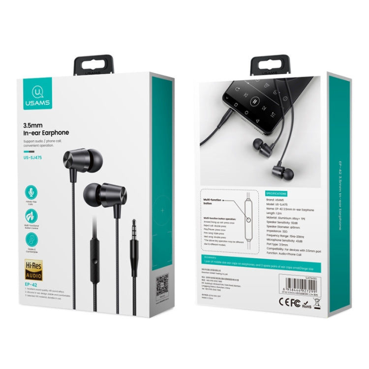 USAMS US-SJ475 EP-42 Metal In-Ear Headphones with 3.5mm Cable Length: 1.2m (Black)