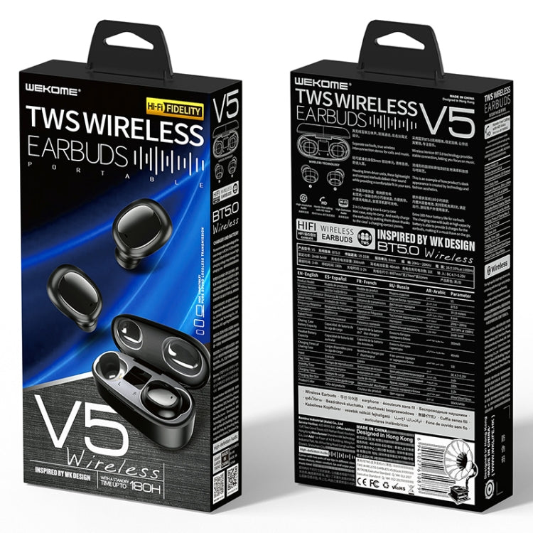 WK V5 TWS 9D Efectos de Sonido Stereo Bluetooth 5.0 Touch Auricular Inalámbrico Bluetooth con Pantalla LED de alimentación y caja de Carga llamadas de asistencia (Negro)