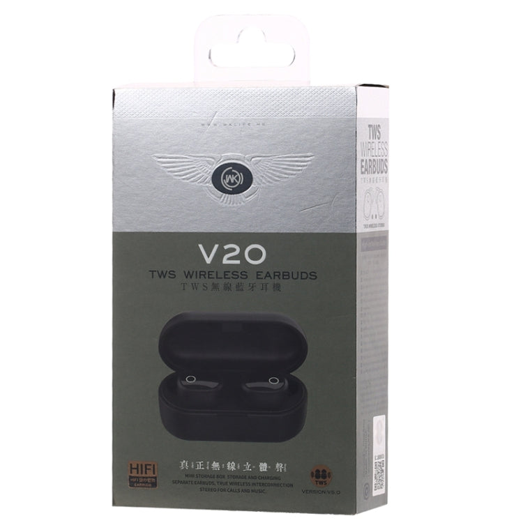 WK V20 TWS Bluetooth 5.0 Auricular Inalámbrico Bluetooth con caja de Carga llamadas de soporte (Negro)