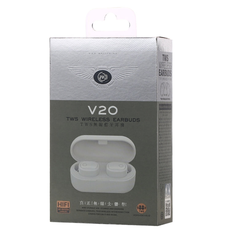 WK V20 TWS Bluetooth 5.0 Auricular Inalámbrico Bluetooth con caja de Carga llamadas de asistencia (Blanco)