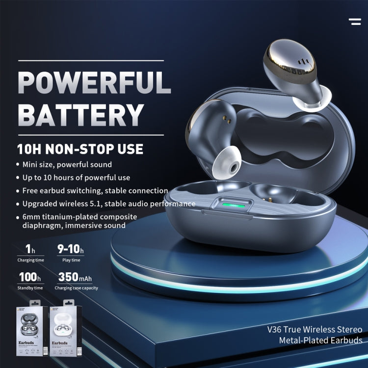 WK V36 TWS Wireless TWS Metal Saucer Bluetooth 5.0 Earphone with Charging Box (Grey)
