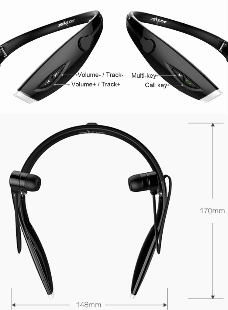 Zealot H1 Bluetooth 4.0 Noise Canceling Stereo Neckband Headphones for iPhone Galaxy Huawei Xiaomi LG HTC and other Smart Phones (Black)
