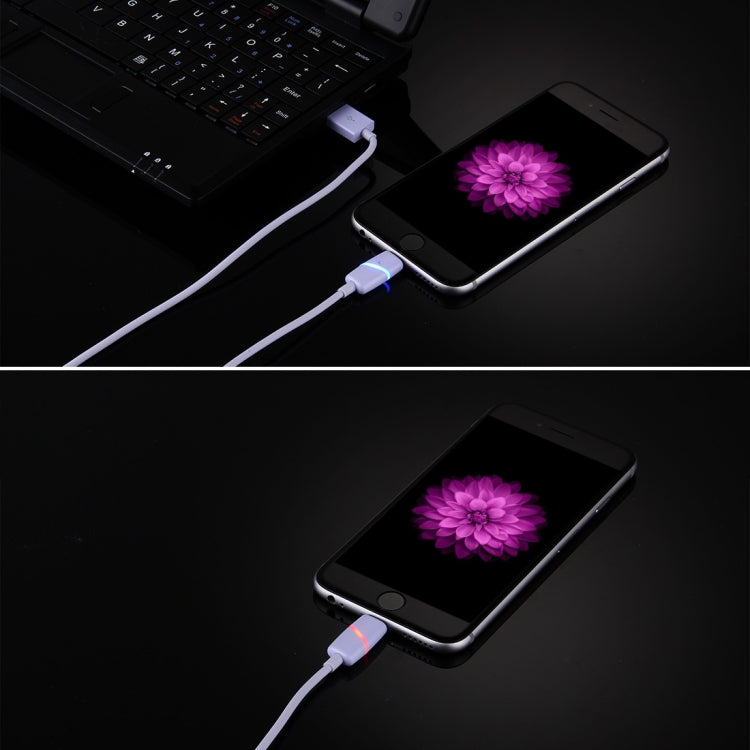1M Circular Bobbin Bobin Box Style 8 Pin a USB Cable de Sincronización de Datos con indicador para iPhone iPad (púrpura)
