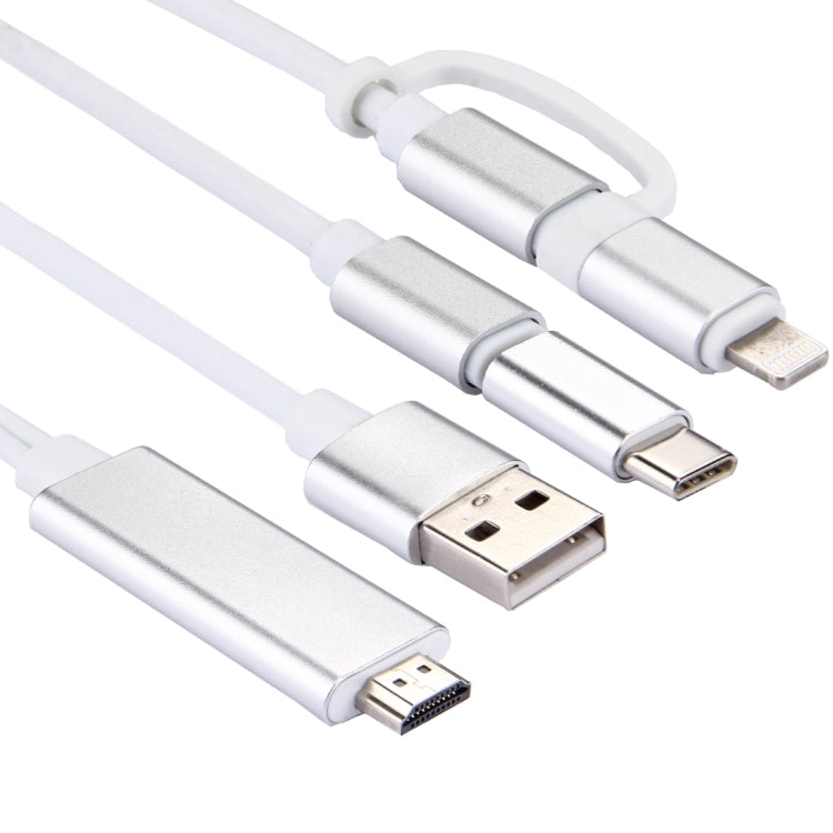 Cable Adaptador 3 en 1 Micro USB y 8 Pines y Tipo C a HDMI HD 1080P HDTV (Plata)