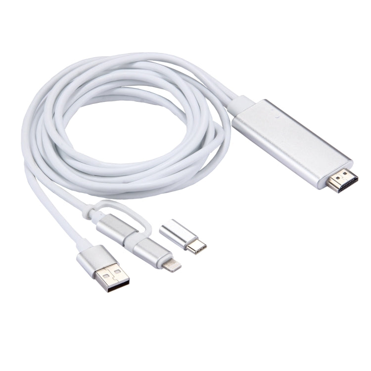 Cable Adaptador 3 en 1 Micro USB y 8 Pines y Tipo C a HDMI HD 1080P HDTV (Plata)
